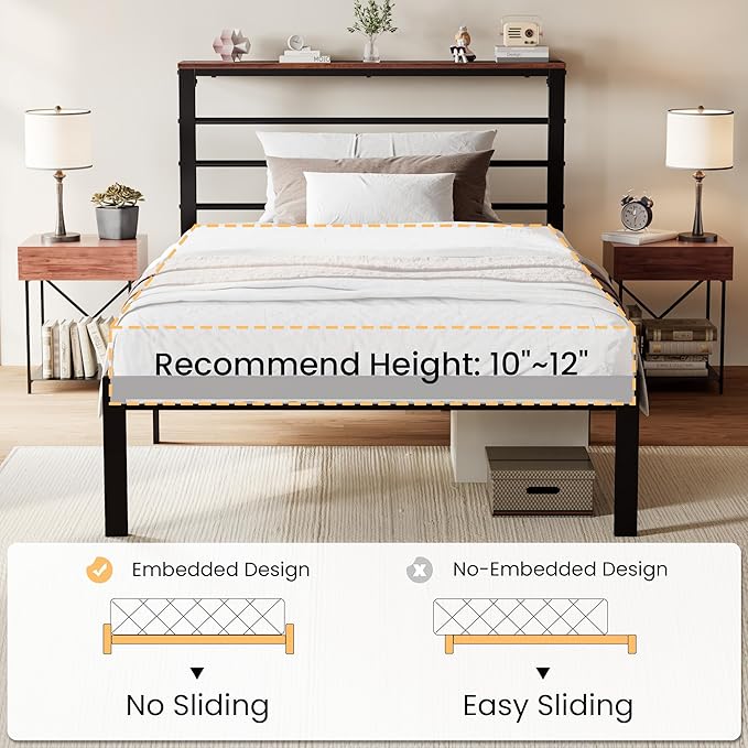 SHA CERLIN Twin Size Bed Frame with Headboard Shelf and Strong Metal Foundation, No Box Spring Needed, Brown