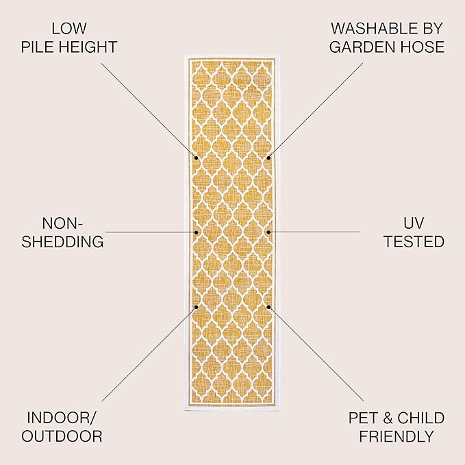 JONATHAN Y Moroccan Trellis Indoor Outdoor Runner Rug 2X10 Yellow/Cream, Trebol Textured Weave for Backyard, Patio, Porch, Easy-Cleaning, High Traffic, Pet-Friendly, Non-Shedding (SMB109F-210)