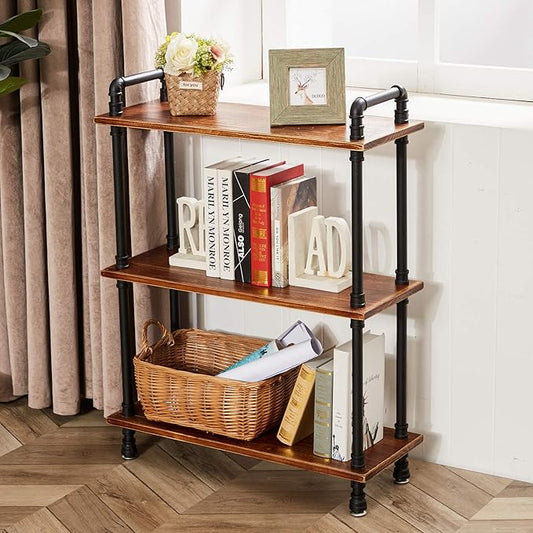 Industrial Bookshelf, 3 Tier Pipe Shelving, Industrial Pipe Shelf - Rustic Brown, 29.5" L x 11.8" W x 39" H