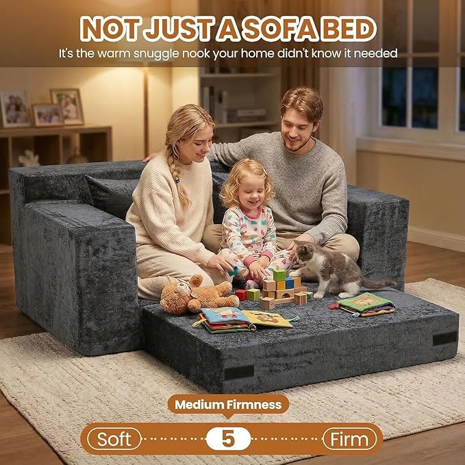 Convertible Sofa Bed, 5 in 1 Small Boneless Couch Pull Out Loveseat Sleeper Sofa,Corduroy Futon Couch Folding Mattress with 4 Pillows for Living Room (Dark Gray, Loveseat(Silky Velvet))