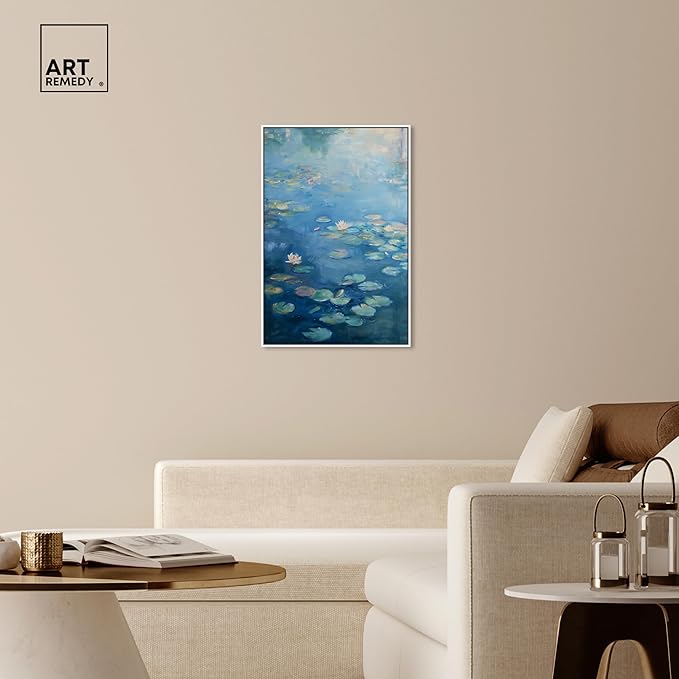 Art Remedy Lilypads In Blues Framed Impressionism 1 Piece Canvas Wall Art/Monet And Van Gogh Inspired Art, 25" x 37", White Frame