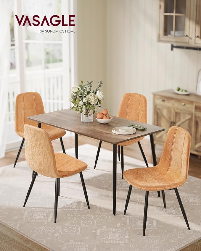 VASAGLE Set of 6 Dining Chairs, Dining Room Kitchen Chairs, Metal Frame, Adjustable Feet, Easy to Clean, Chenille Fabric, Glacier-Textured Synthetic Leather, Caramel Brown UKDC187K01-3J