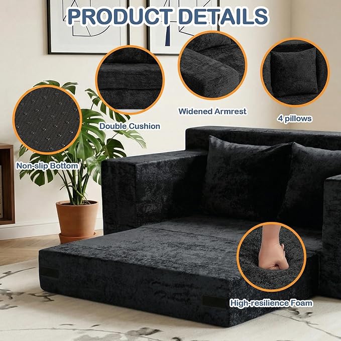Boneless Loveseat Sleeper Sofa Bed, 3-in-1 Convertible Sofa Bed and Floor Futon Couch (Velvet-Black, Loveseat (55"))