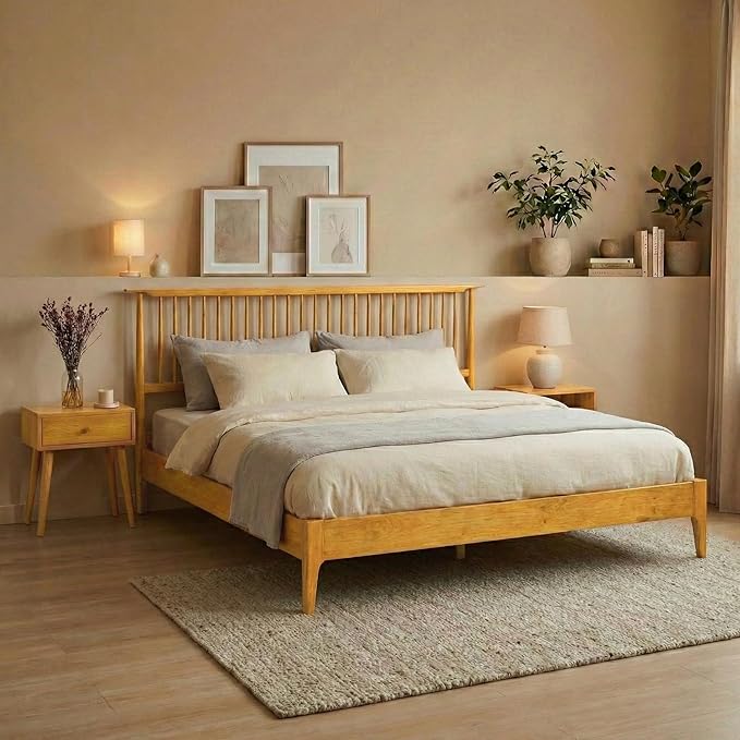 NTC Ruby Wooden Bed Frame with Headboard, Solid Wood Foundation with Silent Slats and Wood Central Supports, 1000 Lb Capacity, Effortless Assembly (Rustic Oak, King)