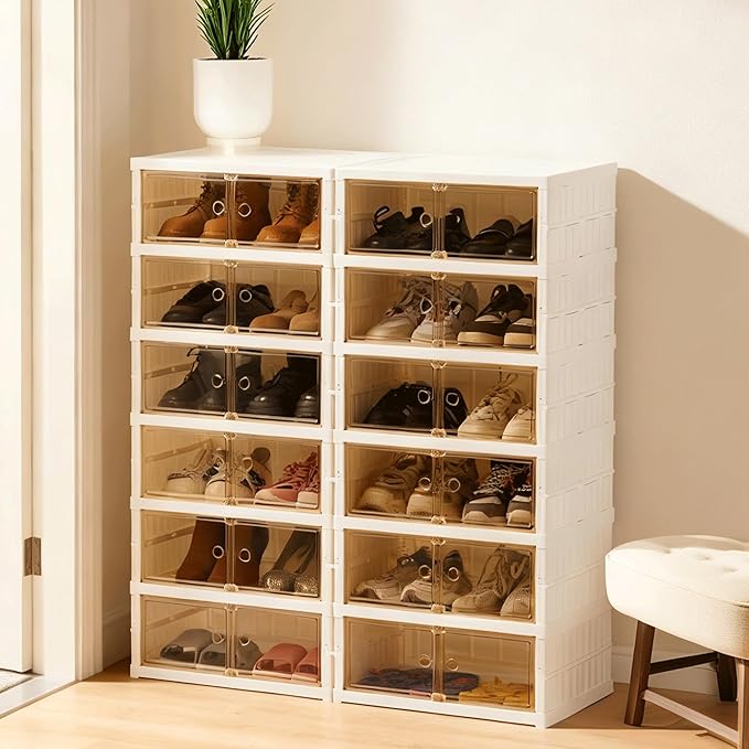 SAYMA Collapsible Shoe Rack Organizer Foldable Shoe Shelves, Large Plastic Folding Shoe Rack with Door, Easy Assembly Shoe Cabinet for Entryway (2 x 6 Tiers-12 Pairs)