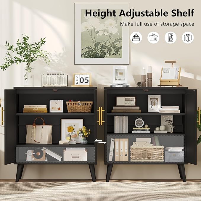 15.7" D Set of 2 Modern Buffet Cabinet with Storage, Buffet Sideboard with Adjustable Shelf and Solid Wood Legs, Accent Floor Storage Cabinet for Kitchen, Living Room and Entryway, Black