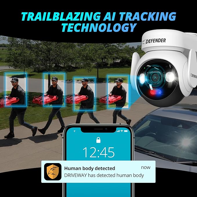 Defender Solar Powered 4K AI Guard Ultra-Charge PTZ Wireless WiFi Security Camera, 2 Pack, 2 x 64GB SD Card, 5W Solar Panel, 10,000 mAH Battery, 24/7 Recording, AI Tracking, Works with Guard App