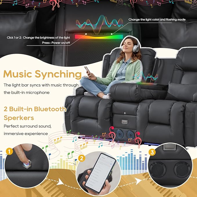 IPKIG Power Recliner Sofa with Flip-Up Backrest Console, USB & USB-C Ports, AC Outlet, LED Lights, Wall Hugger Recliners for Living Room, RV (PU Grey, 67" - 3 Seat) | Faux Leather, Zero Gravity, Dual Reclining, 2 Lumabr Pillow, Bluetooth Speakers