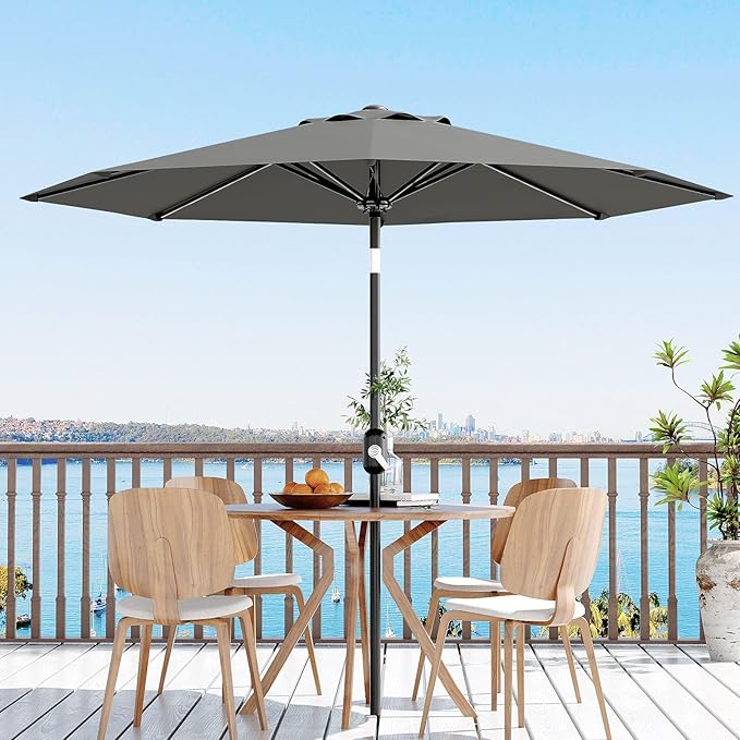 Garvee 9 ft Patio Umbrella - 8 Sturdy Ribs Outdoor Table Umbrella with Crank Lift & Push Button Tilt - Market Umbrella for Pool, Deck, Yard, Garden - Gray