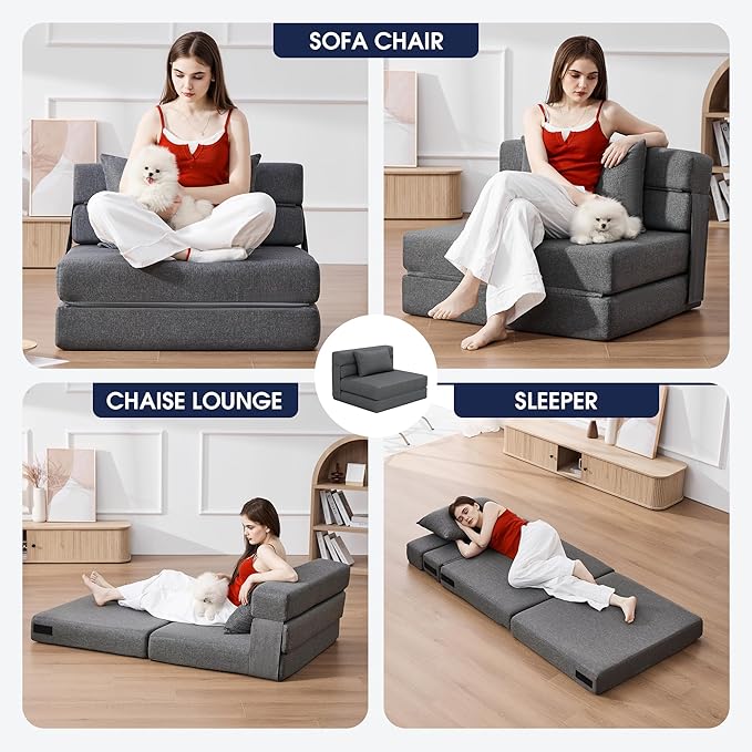 KINGYES 3 in 1 Foldable Chair Bed, Folding Sleeper Chair with Back Cushion, Convertible Chair Bed Sleeper for Adults, Gray