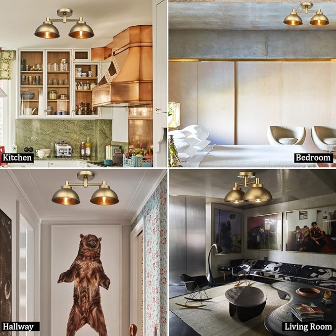 Pathson 2 Lights Ceiling Light Fixtures, Semi-Flush Mounted Vintage Ceiling Lighting Lamp with Metal Shade for Living Room Hallway Loft Kitchen Bathroom Close to Ceiling
