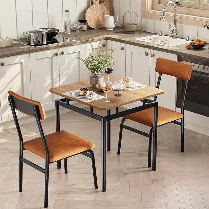Garvee 3 Piece Dining Table Set, Kitchen Table Set for 2 with 2 PU Upholstered Chair, Industrial Metal Frame Dinette Set for Small Space, Dining Room, Apartment, Studio, Brown