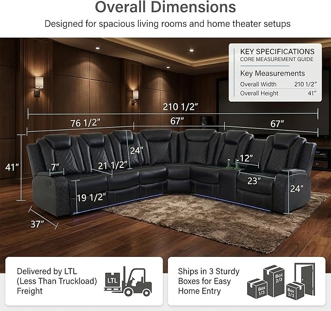 Power Reclining Curved Sectional Sofa for Living Room, Black Leather Home Theater Recliner Couch with LED Lights, Wireless Charging, Cup Holders & Storage Console