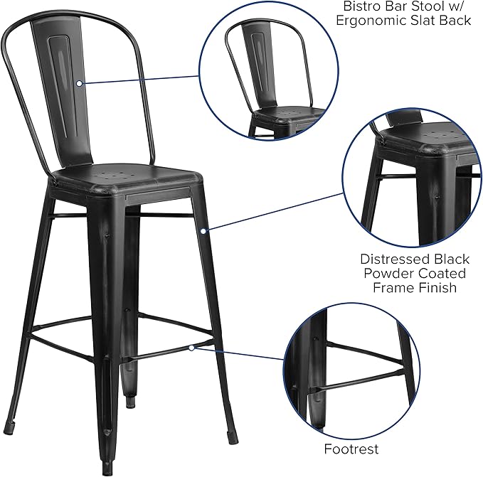Flash Furniture Commercial Grade 30" High Distressed Black Metal Indoor-Outdoor Barstool with Back