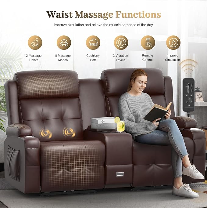 Reclining Loveseat, 1 Massage Loveseat Recliner Sofa Heavy Weight Capacity, RV Love Seat Clearance with Console, USB, Type C Port, Storage, Cup Holders, 2 Single Power Recliner Chairs Heat & Massage