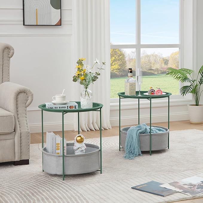 VECELO Round Side/End Table with Fabric Storage Basket，Metal Anti-Rust and Waterproof Small Bedside Nightstand with Removable Tray Top for Living Room，Balcony & Laundry，Dark Green /1pcs with Basket