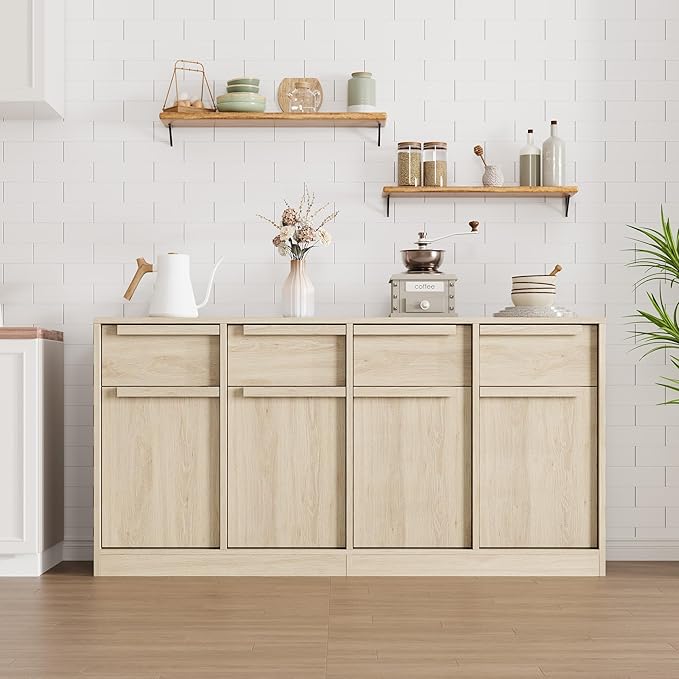 GarveeHome Sideboard Buffet Cabinet with 4 Drawers, 62.4 in Large Coffee Cabinet with Storage, Modern Storage Buffet Table for Kitchen Dining Room, Living Room (Pear Wood, 4 Doors & 4 Drawers)