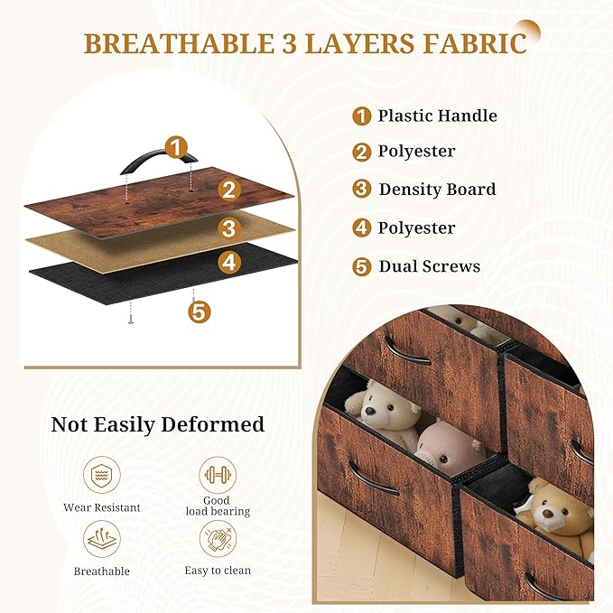 Dresser with 7 Drawers for Bedroom, Fabric Clothes Cabinet for Closet, Anti-Tip Storage Dresser with Metal Frame for Living Room, Entryway, Dorm, Brown