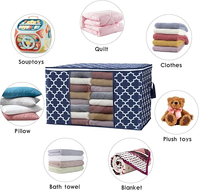 WISELIFE Storage Bags, Large Blanket Clothes Organization and Storage Containers for Bedding, Comforters, Foldable Organizer with Reinforced Handle, Clear Window,Sturdy Zippers,(Blue, 4 x 100L)