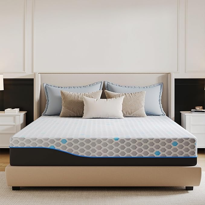 EGOHOME 10 Inch Full Mattress, Charcoal Gel Cooling Memory Foam Mattress in a Box, Medium Fiberglass Free Mattresses, CertiPUR-US Certified, Hexagonal Pattern