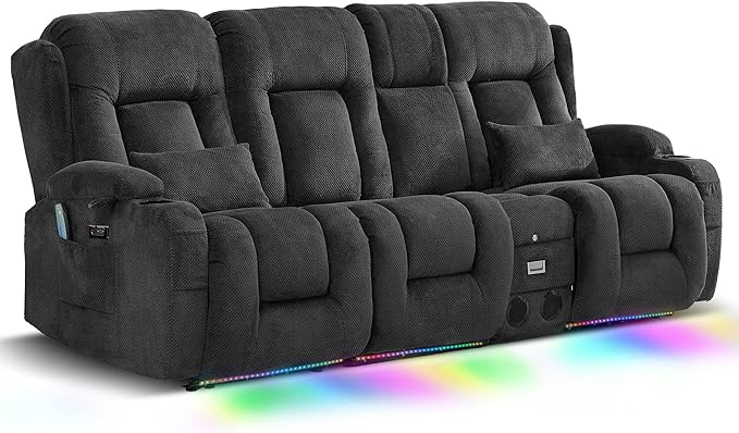 TUNYI Wall Hugger Loveseat Recliner Sofa with Console, Power Reclining Loveseat RV Couch with Massage & Heat/USB/Outlet/Storage/LED Light/Speaker (Dark Grey, 4 Seat)