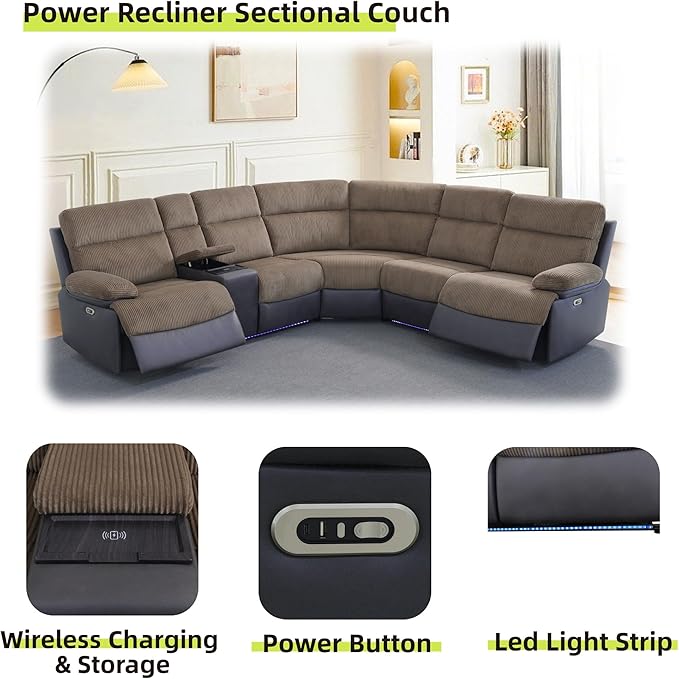Power Reclining Sectional Sofa, 5 Seat Sectional Couch with Recliners, Soft Corduroy & Breathing Leather Sectional with 2 Recliners,USB Charging Ports,LED Light Strip, Living Room Furniture Set | Breathable material, LED Lighting