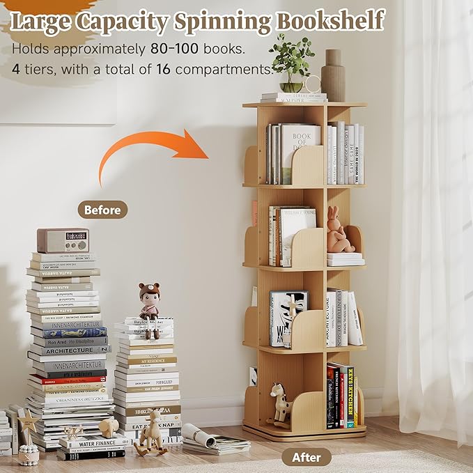 Rotating Bookshelf, 4 Tier Spinning Bookshelf Tower for Small Space, Kids Bookshelves 360 Display, Revolving Bookcase Floor Standing Storage Rack, Natural