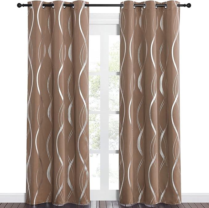 NICETOWN Blackout Curtains Panels for Living Room, Sound Reducing Thermal Insulated Wave Line Foil Print Design Blackout Curtains for Patio Sliding Glass Door (2 Panels, 42 x 84 Inch, Cappuccino)