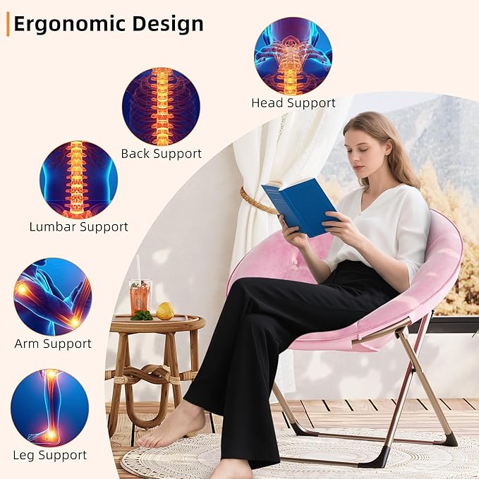 IDEALHOUSE Comfy Folding Padded Saucer Chair, Folding Circle Chair with Metal Frame, Soft Moon Chair for Bedroom, Dorm Rooms, Apartments, Lounging, Garden and Courtyard, Pink
