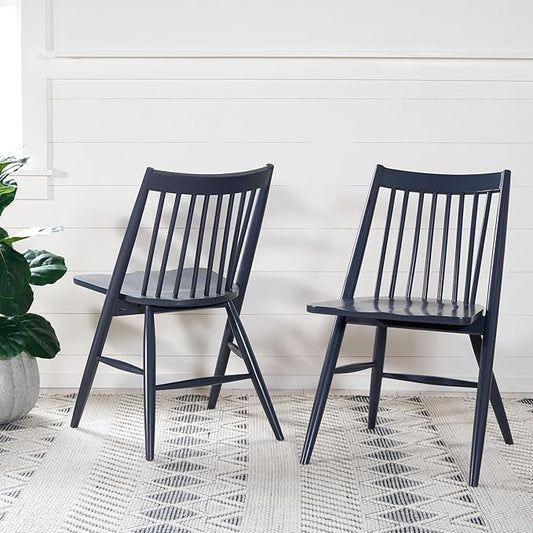 SAFAVIEH Home Collection Wren Dark Grey Windsor Spindle Solid Wood Dining Chair Set of 2 (Fully Assembled)