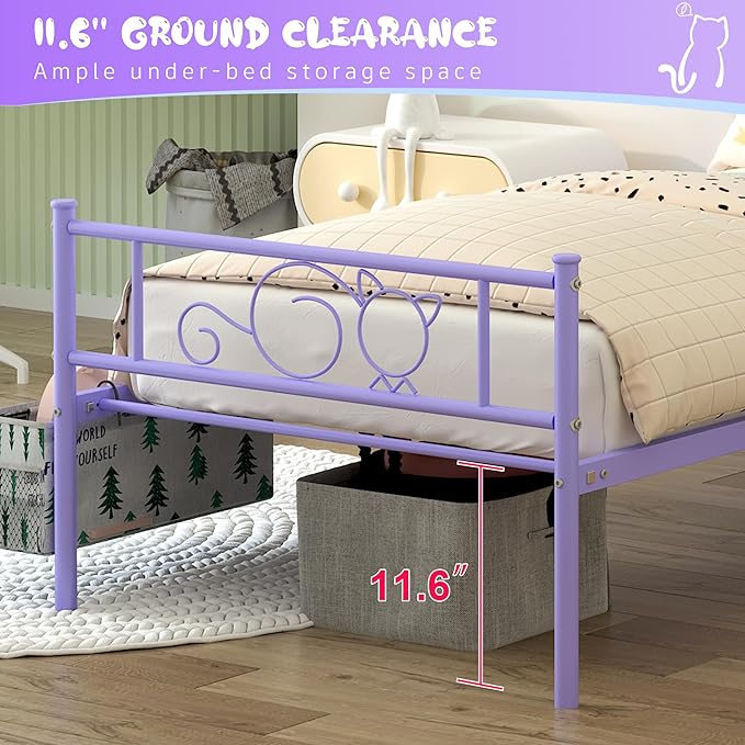 GIME Purple Twin Size Metal Bed Frame for Kids/Girls/Teen/Adult, Cute Cat Design Platform Bed with Hanging Storage Bag, Sturdy Metal Slat Support, No Box Spring Needed, Easy Assembly