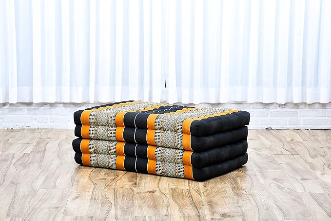 Leewadee Trifold Mattress Standard – Comfortable Thai Massage Pad, Foldable Floor Mattress Filled with Kapok, Perfect to Use as a Sleeping Mat 79 x 28 inches, Black Orange