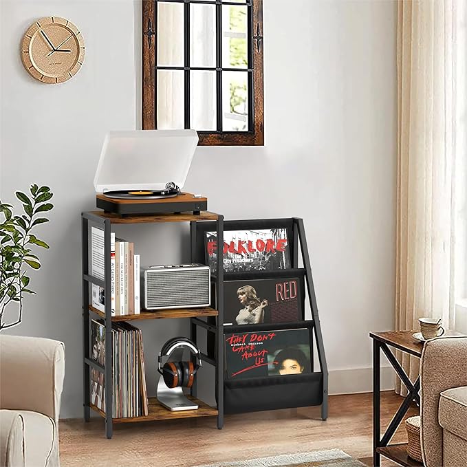 Stereo Record Player Stand with Vinyl Storage for 200 Albums, Turntable Display Shelf, Black