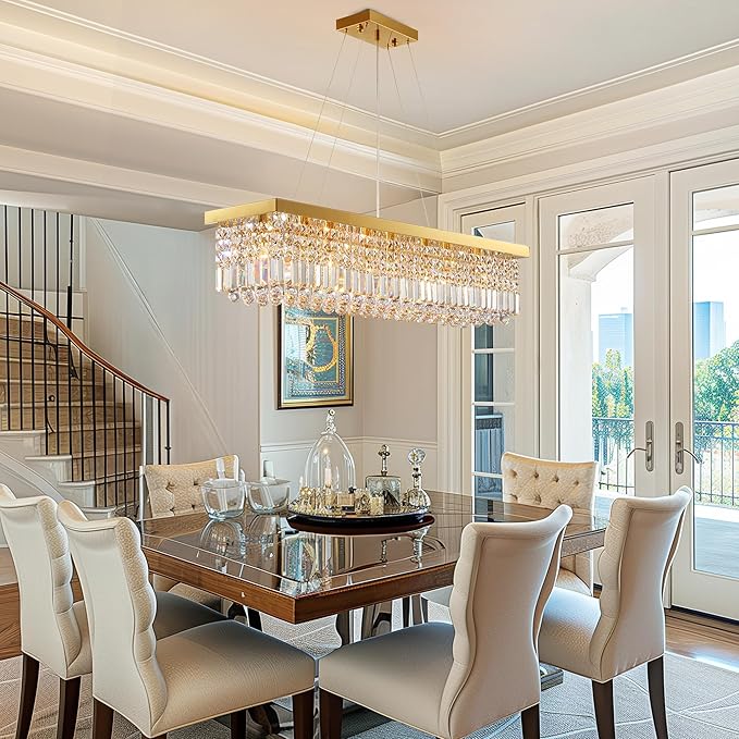 Modern Crystal Chandelier for Dining Room 8-Light Gold Rectangle Chandeliers K9 Crystal Ceiling Light Fixture Hanging Pendant Lights Kitchen Island Bar Bedroom Party Wedding Hotel