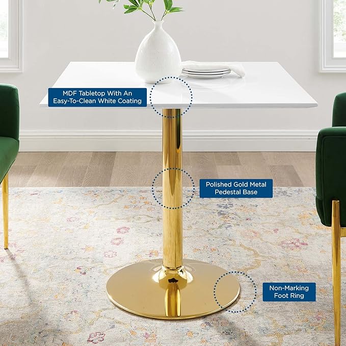 Modway Verne Modern Square 35" Dining Table in Gold White