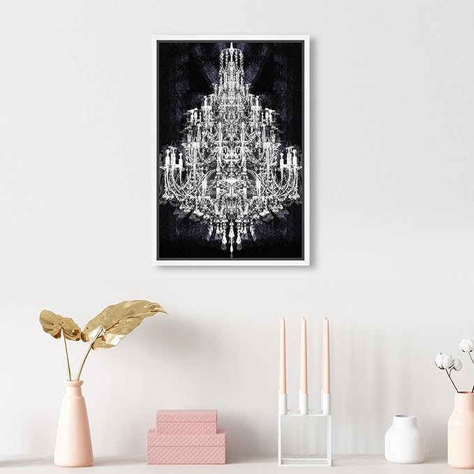 The Oliver Gal Artist Co. Fashion and Glam Framed Wall Art Canvas Prints 'Montecarlo Crystal' Chandeliers Home Décor, 10" x 15", White, Black