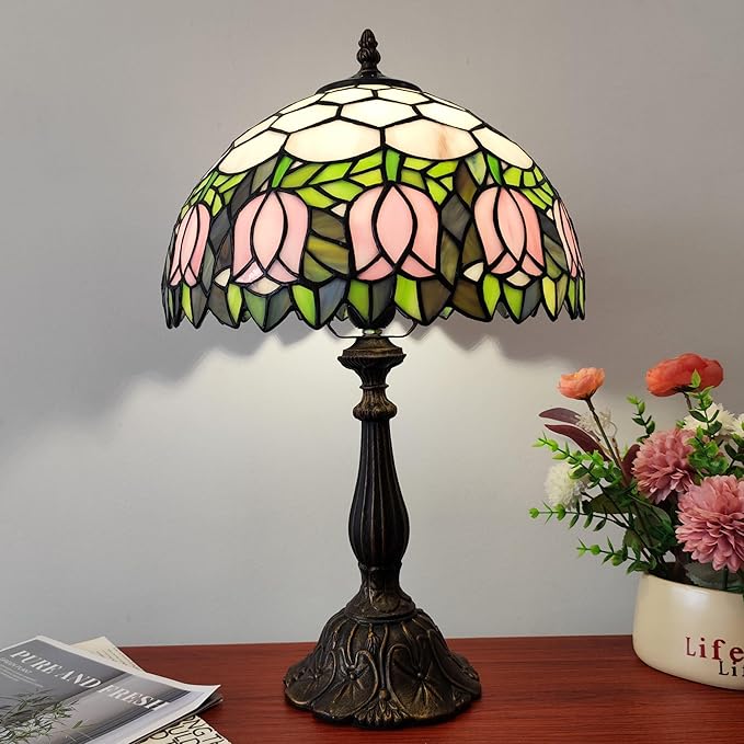 Tiffany Table Lamp 3-Color Light Stained Glass Lamp Tiffany Style Vintage Beside Reading Lamp 12 inch Living Room Light Flowers Style Antique Nightstand Light (Pink Tulip)