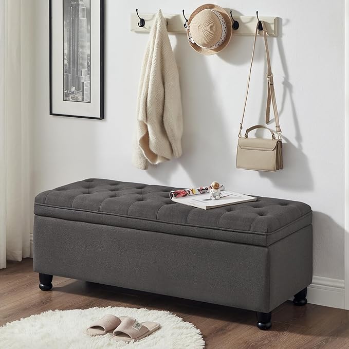 Upholstered Ottoman with Storage,Entryway Bench with Tufted Buttons and Spindle Wooden Legs for Living Room,Bedroom,Dark Gray