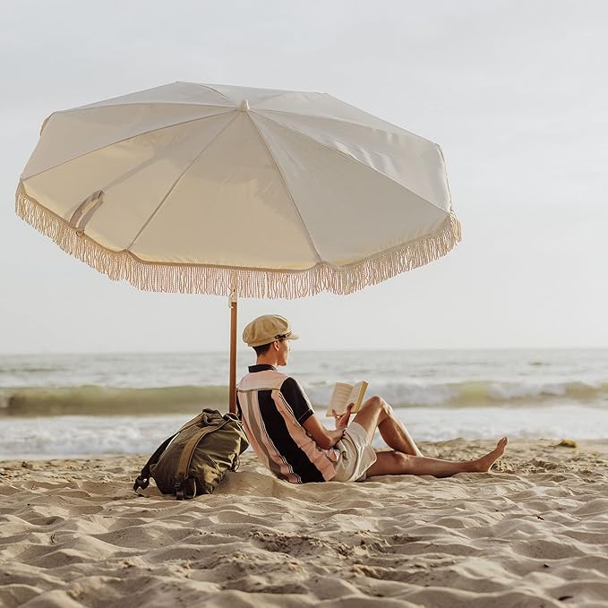 BEACH STATE Summerland 6.5 Feet Beach Umbrella with Fringe - Patio Umbrella - Outdoor Umbrella - UV50+ Sun Protection