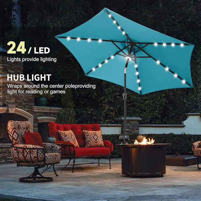 10FT Solar Patio Umbrella - Outdoor Umbrella with Centre Surround Light 24 LED Lights, Market Table Umbrella with Tilt for Pool, Porch, Garden, Deck, Backyard UV Protection (Aqua Blue)