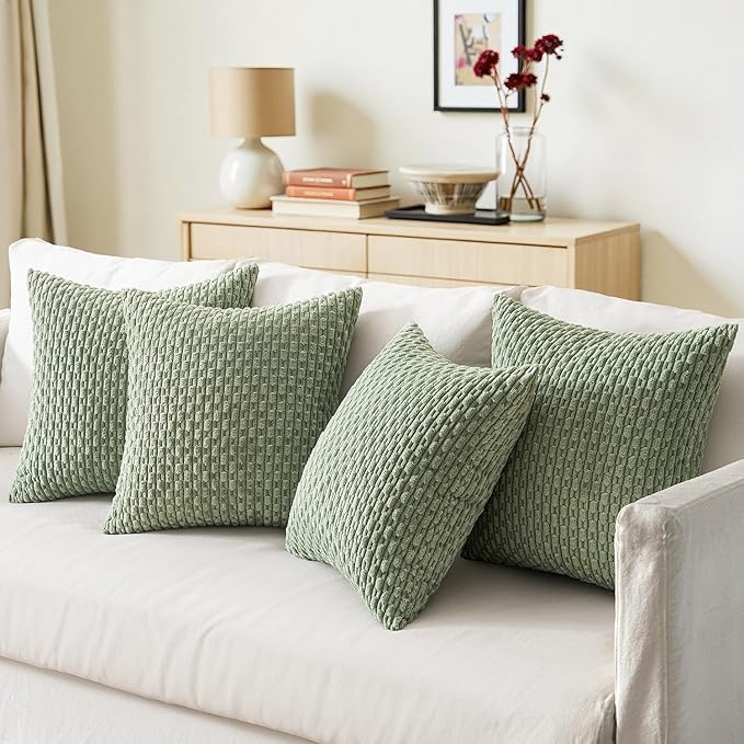 MIULEE Sage Green Decorative Throw Pillow Covers for Couch Living Room 20x20 Inch Soft Pillow Cases Set of 4 Boho Striped Corduroy Farmhouse Cushion Covers Spring Home Decor for Sofa Bed