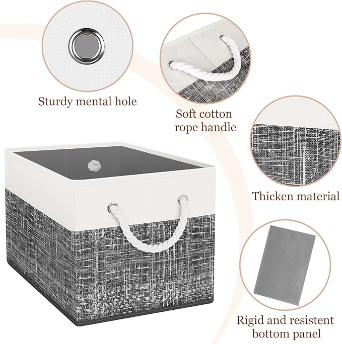 Storage Bin,Collapsible Storage Basket For Organizing,Large Storage Boxes With Rope Handles,Storage Containers,White & Black,6 Pack