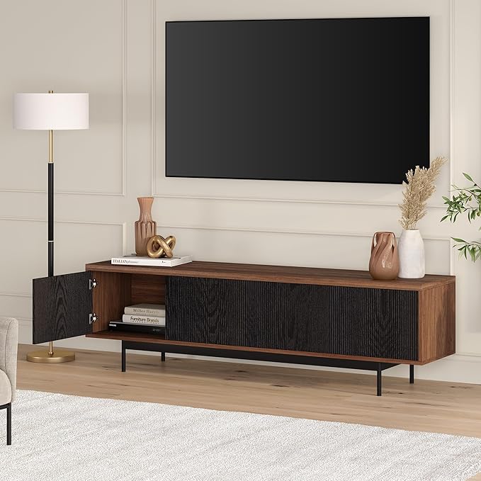 Henn&Hart Fluted TV Stand for TVs up to 75" with 2 Open-Concept Ribbed Storage Cabinets for Living Room, Family Room, or Office, Medium Walnut/Natural Black