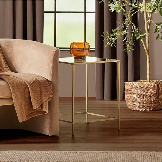 mDesign Glass Top Side/End Table - Small Minimalistic Square Geometric Accent Metal Nightstand Furniture for Living Room, Dorm, Home Office, and Bedroom - Soft Brass