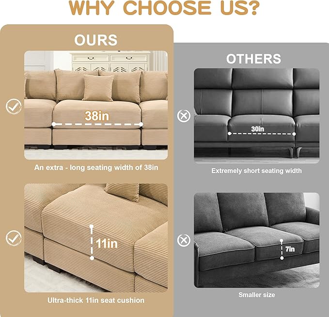KEIKI 83" Oversized Corduroy Modular Sectional Loveseat Sofa with High-Density Foam Cushions, Extra-Thick Armrest, Upholstered Modern 2-Seater Fluffy Corner Couch with 6 Pillow, for Living Room, Camel
