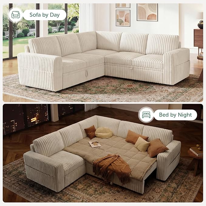 HONBAY Modular Sectional Sleeper Sofa with Pull Out Bed,Corduroy L Shaped Couch with Storage, Sectional Couches for Living Room,Beige