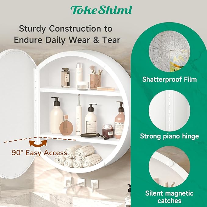 TokeShimi 26 Inch Round White Medicine Cabinet for Bathroom with Mirror Metal Framed Mirrored Bathroom Cabinet Surface Mount Only Removeable Shelves Modern Farmhouse Circle Vanity Mirror with Storage