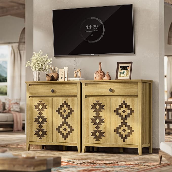 Sideboard Buffet Cabinet Set of 2 with Power Outlet, Wood Coffee Bar Cabinet with Drawer and Adjustable Shelf, Modern Accent Storage for Kitchen, Entryway, Living Room, Natural