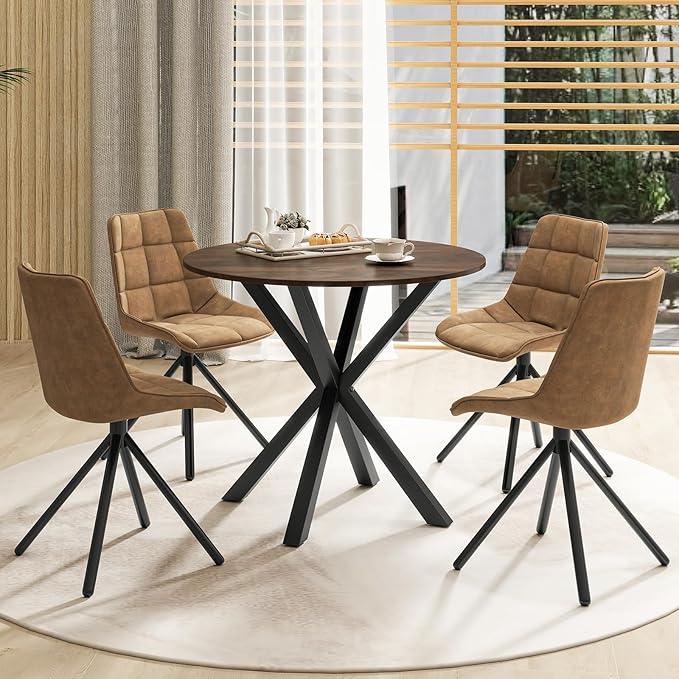 Moccha 36" Round Dining Table for 4 - Rubber Wood Kitchen Table with Intersecting Trestle Legs, Vintage Bar Table, Farmhouse Dining Room Tables for Dinette, Small Space, Restaurant, Bistro (Brown)