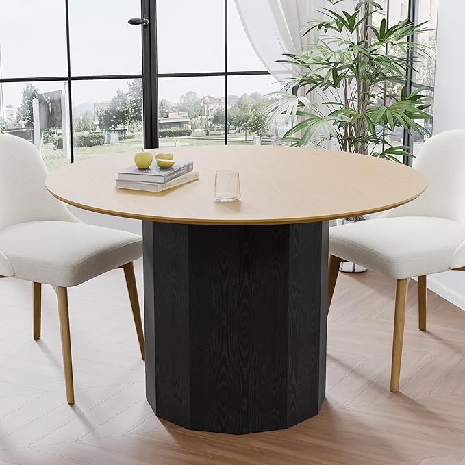 Casaphoria 46" Round Dining Table - Wood Top & Black Pedestal Base, Modern Farmhouse Kitchen Table for 4